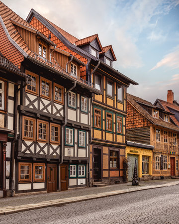 Street in the old town of Wernigerode, Saxony Anhalt, Germanyの写真素材