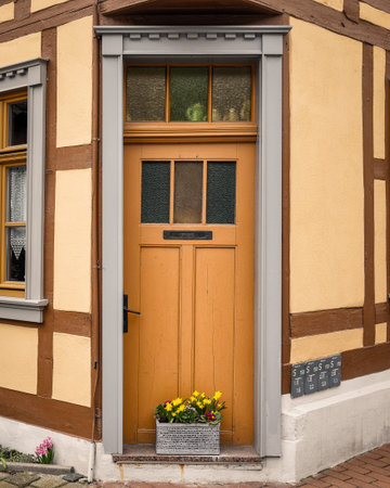 Old wooden door in old town of Stolberg am Harz, Saxony Anhalt, Germany, Europeの写真素材