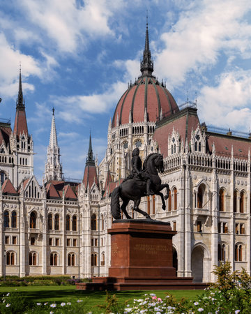 Statue of Hungarian Parliament in Budapest, Hungary on a sunny dayの写真素材
