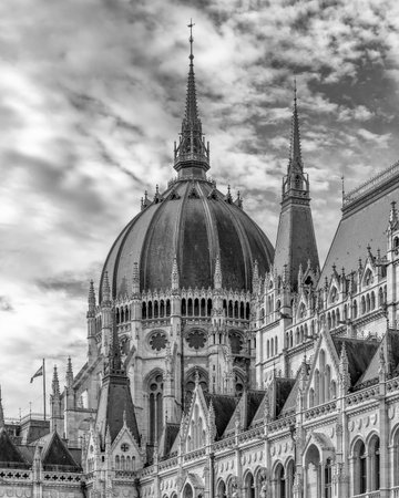 Parliament building in Budapest, Hungary. Black and white photo.の写真素材