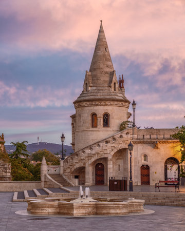 Fisherman's Bastion in Budapest, Hungary at sunset.の写真素材