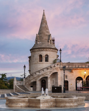 Fisherman's Bastion at sunset in Budapest, Hungary.の写真素材