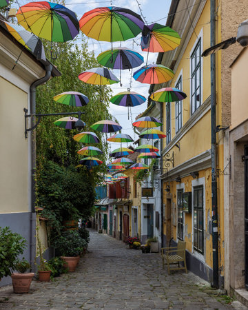 Colorful umbrellas on the streets of the old town of Szentendre old town, Hungaryのeditorial素材