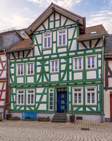 Historic half-timbered house in the old town of Heidelberg, Germanyの写真素材