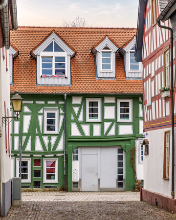 Colorful facades of houses in the old town of Rothenburg ob der Tauber, Germanyの写真素材