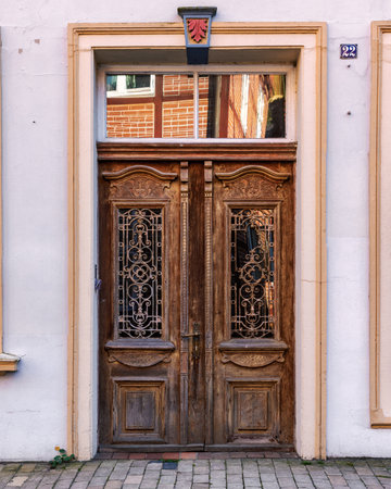 Old wooden door in the old town of Lauenburgの写真素材