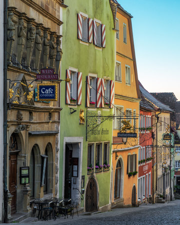 Colorful houses in the old town of Rothenburg ob der Tauber, Germanyのeditorial素材