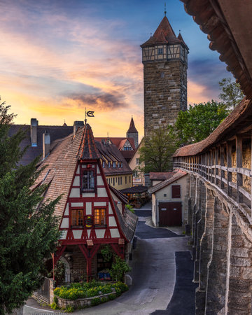 Rothenburg ob der Tauber, Bavaria, Germany. Old town at sunset.のeditorial素材