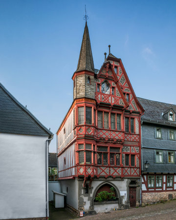 Historic half-timbered house in the old town of Rothenburg ob der Tauber, Germanyのeditorial素材