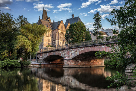 The old bridge over the river in the city of Marburg, Germanyの写真素材
