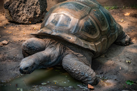 Aldabra Tortoise resting near a pond.の写真素材