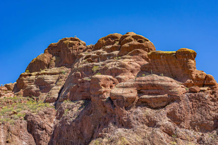 Stunning rock formations at the Echo Canyon Trailhead in Camelback Mountain, Phoenix, Arizona, showcasing the beauty of desert landscapes.の写真素材
