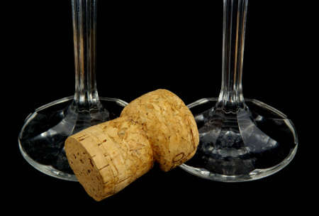 Wineglasses with stopper, isolated, black backgroundの写真素材