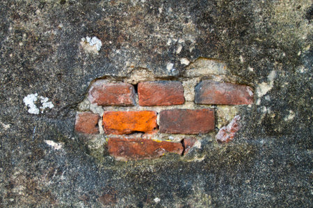 wall with plaster cracked and worn by time and neglect with red brick and gray stone walls