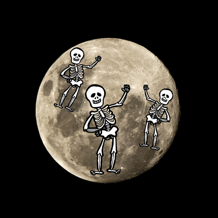 hallowen skeleton in the dark night is set against the silhouette of the moonの写真素材