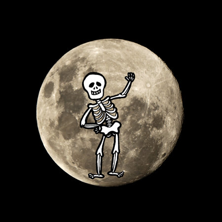 hallowen skeleton in the dark night is set against the silhouette of the moon