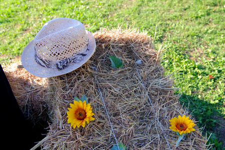 countryside image with peasant straw hat and sunflowers resting on hayの写真素材