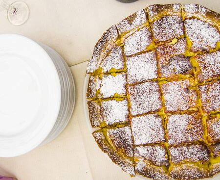 excellent cake with cream and apples, made according to the tradition of our grandmotherの写真素材