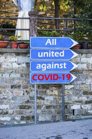 warnings against Covid-19, for union, cooperation, fraternity, research, science, all united against the virusの写真素材