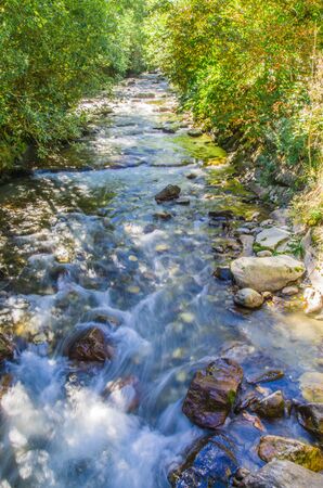Fresh water from the mountain stream flows pure in the greenery and in the woodsの写真素材