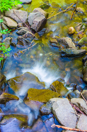mountain stream waterfall with pure and clear water that runs fast downstream in the lush, green and...