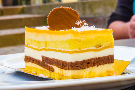 chocolate parfait, sponge cake, cream and mango with a milk chocolate hedgehog decoration