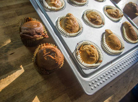 morning sunlight illuminates small cream and chocolate muffins, hot and steaming, fresh out of the oven ready for breakfastの写真素材