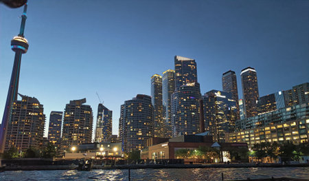 Evening view of the Toronto skyline captured from Lake Ontario, featuring the CN Tower and the illuminated Rogers Centre. The cityâs buildings glow against the dusk sky.の写真素材