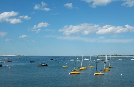 Boats in the Essex River, Essex, MA, on a clear summer dayの写真素材