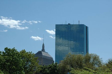 Two skyscrapers in Boston against a blue summer skyの写真素材