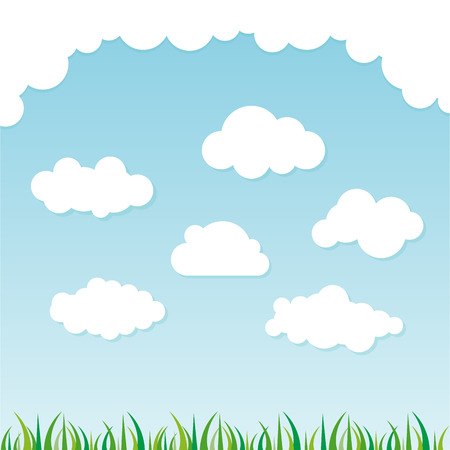 White cloud with green grass on blue sky landscape gradient backgroundのイラスト素材