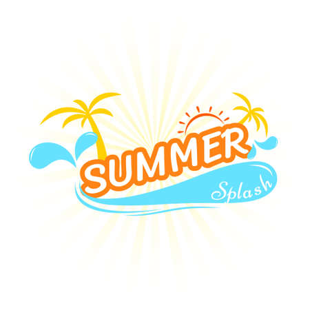 Summer holiday lettering with blue water splash coconut tree and sun icons symbol vector illustration sunburst effect backgroundのイラスト素材