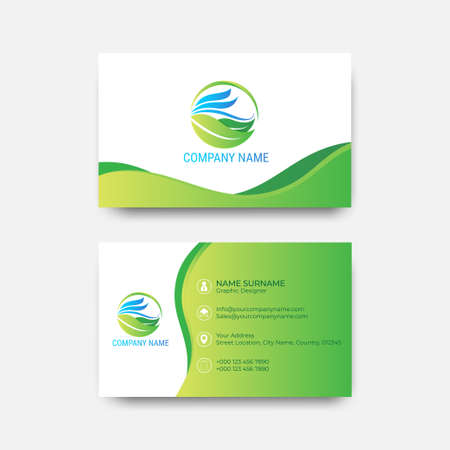 Business card green leaf eco symbol  natural organic design with smooth ocean wave vector clean background illustrationのイラスト素材