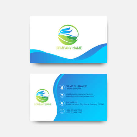 Business card design blue smooth ocean wave lines curve with green leaf eco symbol  natural organic vector clean backgroundのイラスト素材