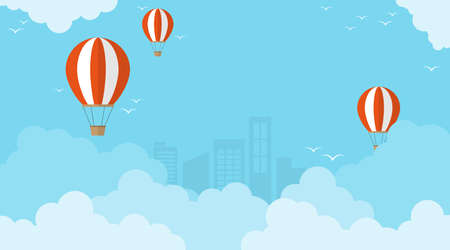 Cloud on top blue sky with white and red color balloons flat design cartoon style and many birds flying vector background illustration behind is a city viewのイラスト素材