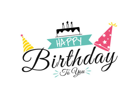 Happy birthday to you colorful party with cake on top typography text vector brush isolated on white...