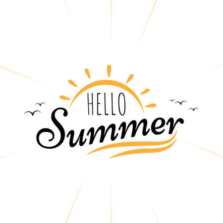 Hello summer holiday vacation ocean wave handwritten with sun and birds isolated on white background vector illustrationのイラスト素材