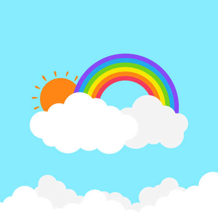 White cloud speech bubble cartoon with rainbow and sun on blue sky design bundle vector backgroundのイラスト素材