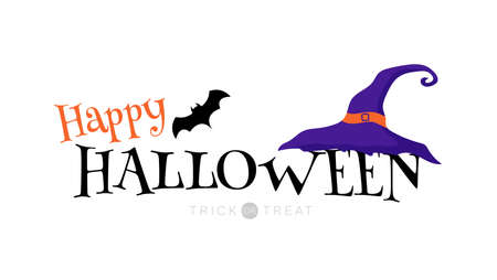 Happy Halloween typography text banner witch hat party and bats cartoon trick or treat on top vector designのイラスト素材