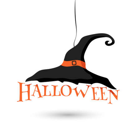 Happy Halloween typography text banner and large black witch hat cartoon decoration on top vector designのイラスト素材