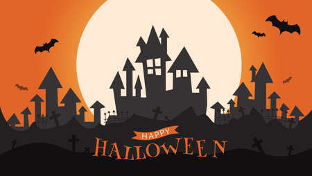 Halloween party with full moon and the castle concept flat style background vector illustrationのイラスト素材