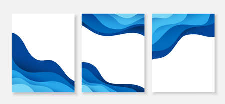 Blue ocean wave flowing curve banner set design poster vector abstract backgroundのイラスト素材