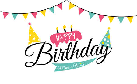 Happy birthday typography text colorful theme party flag with party hat and cream cake on top vector backgroundのイラスト素材