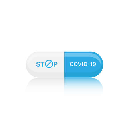 White and blue capsule pill Stop Covid-19 concept isolated on white backgroundのイラスト素材