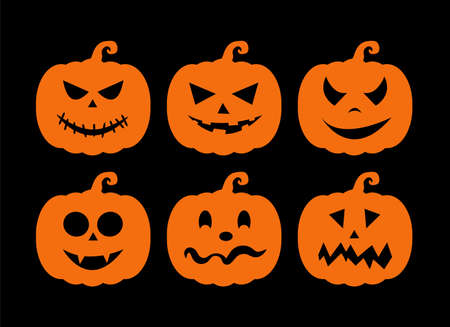 Orange Halloween Pumpkins set vector isolated on black backgroundのイラスト素材