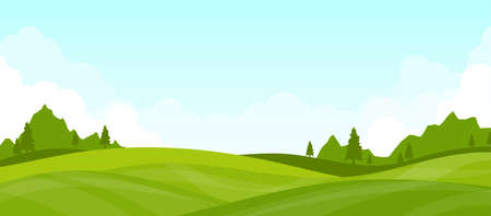 Mountain landscape lawn view green with white clouds and blue clear sky vector backgroundのイラスト素材