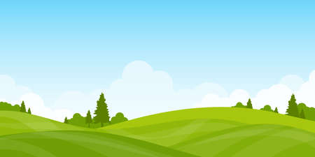 Mountain landscape lawn view green a nice day, clouds clear sky vector backgroundのイラスト素材