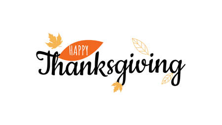 Happy Thanksgiving typography handwriting text with autumn leaves concept on white background vector illustration.のイラスト素材