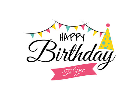 Happy birthday to you typography and handwriting colorful party flag, Red ribbon isolated on white background vector illustration.のイラスト素材