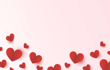 Red heart paper on right side with pink background for Mothers Day and Valentine Day love banner design vector illustration with blank space.の写真素材